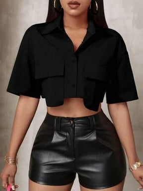 Camisa Cropped de Alfaiataria – Manga Curta e Bolsos Frontais para um Look Moderno - Rosence