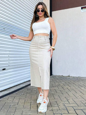Saia Midi Feminina em Linho – Cintura Alta e Fenda Frontal - Rosence