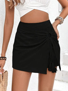 Shorts-Saia Elegante Cintura Alta – Laço Frontal e Tecido Leve para o Verão - Rosence
