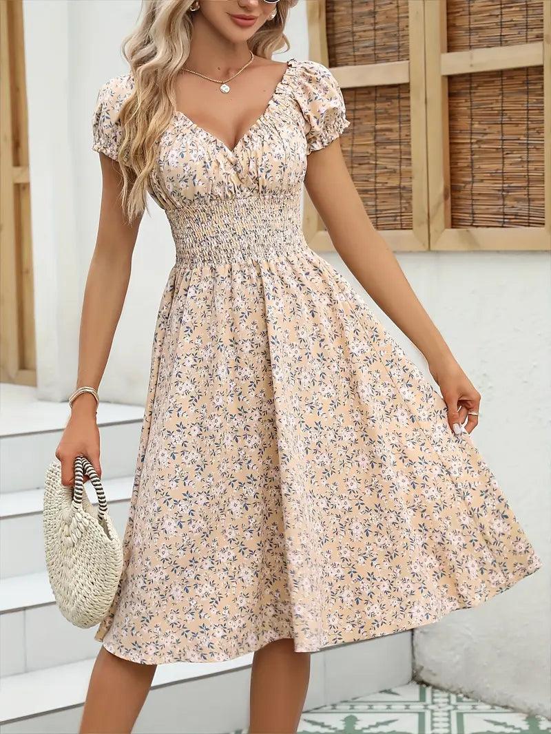 Vestido Midi Floral Elegante – Decote V e Modelagem Acinturada - Rosence